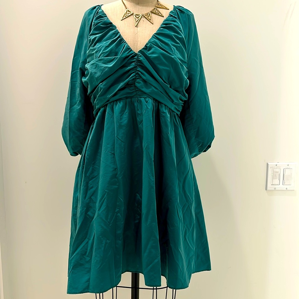 Hyacinth House Green Teal Ruched V-Neck Genevieve Mini Dress Empire Waist Large